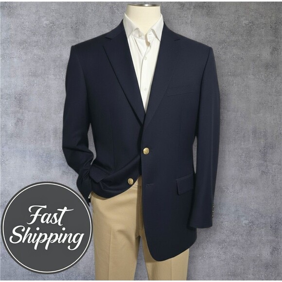 BROOKS BROTHERS Mens 46L Navy Wool Blazer Sport Coat 2 Button Single Vent Jacket - Picture 1 of 16